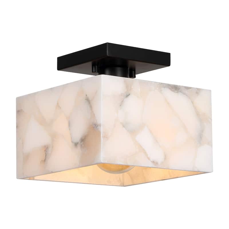 Tessa 8" 1-Light Modern Contemporary Alabaster/Iron Square LED Semi Flush Mount, White Marbling/Brass Gold by JONATHAN Y - Black/White
