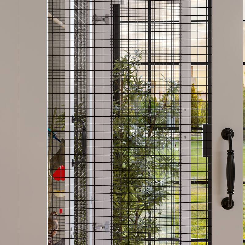 Indoor Bird Cage Cabinet with Storage Base, White Wooden Aviary with DIY Wire Mesh & Food Organizer