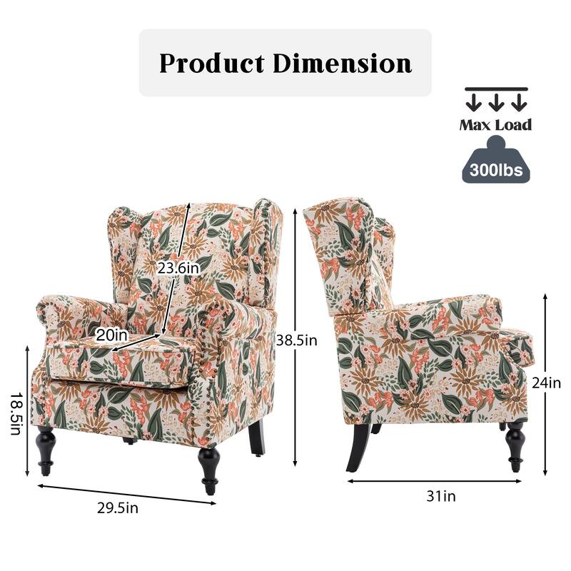 HOMYKA 29'' Wide Floral Pattern Wingback Accent Armchair with Nailhead Trim
