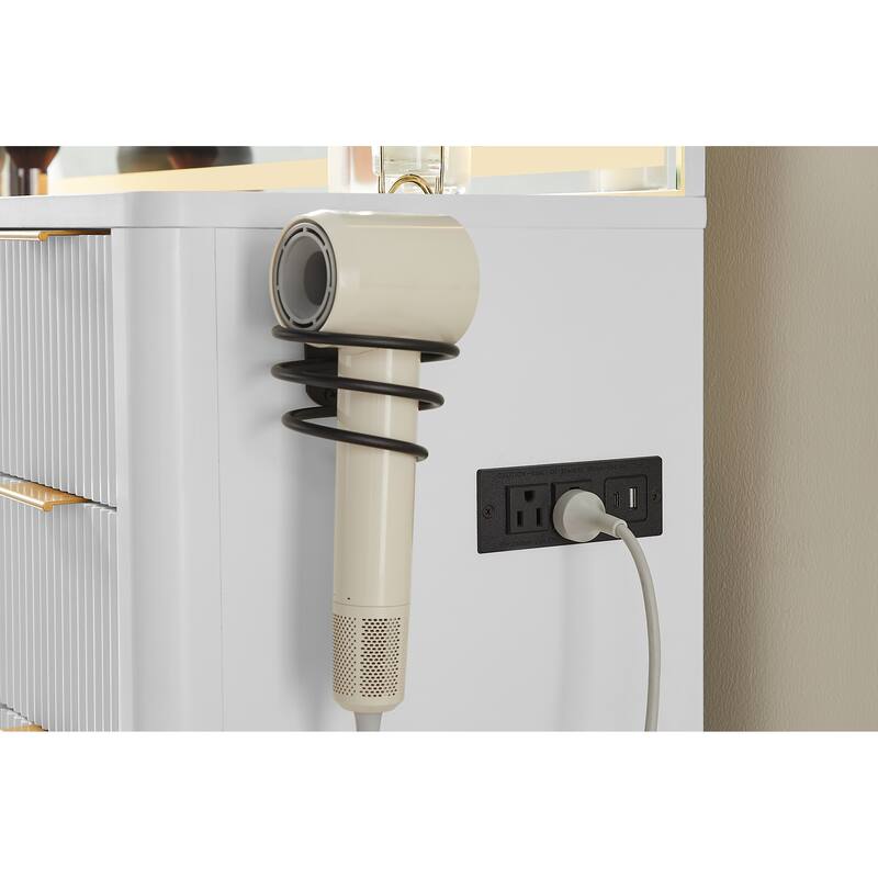 Modern Fluted Makeup Vanity Desk with Mirror, Lights, Charging Station