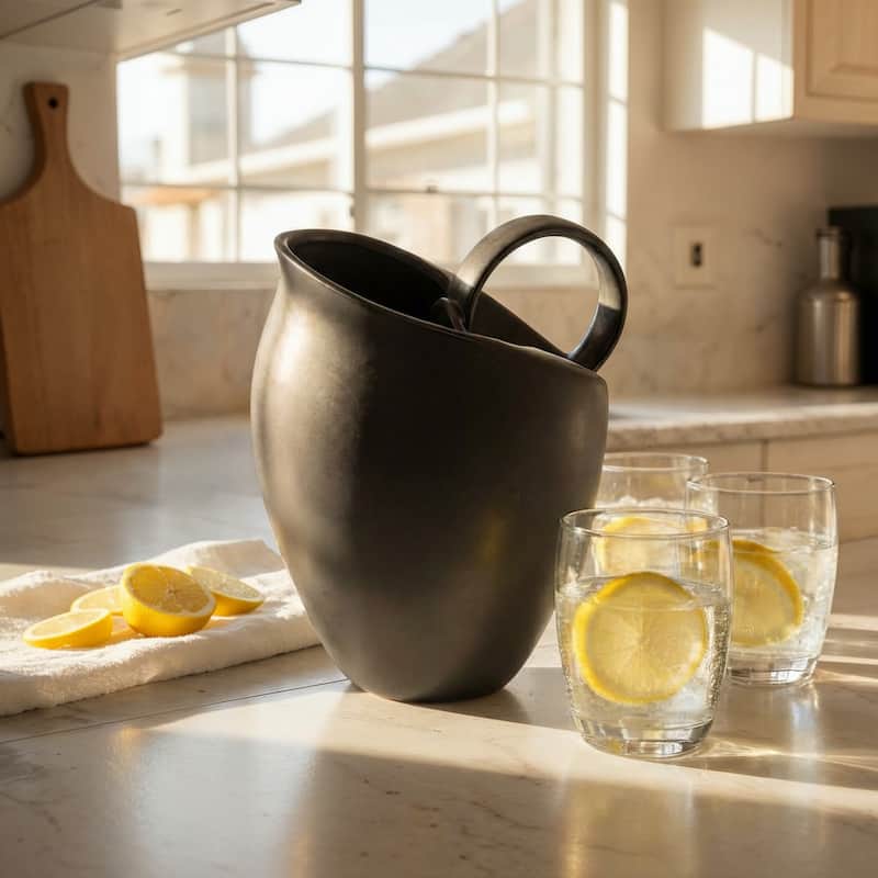 Textured Stoneware Pitcher in Reactive Glaze - Matte Black