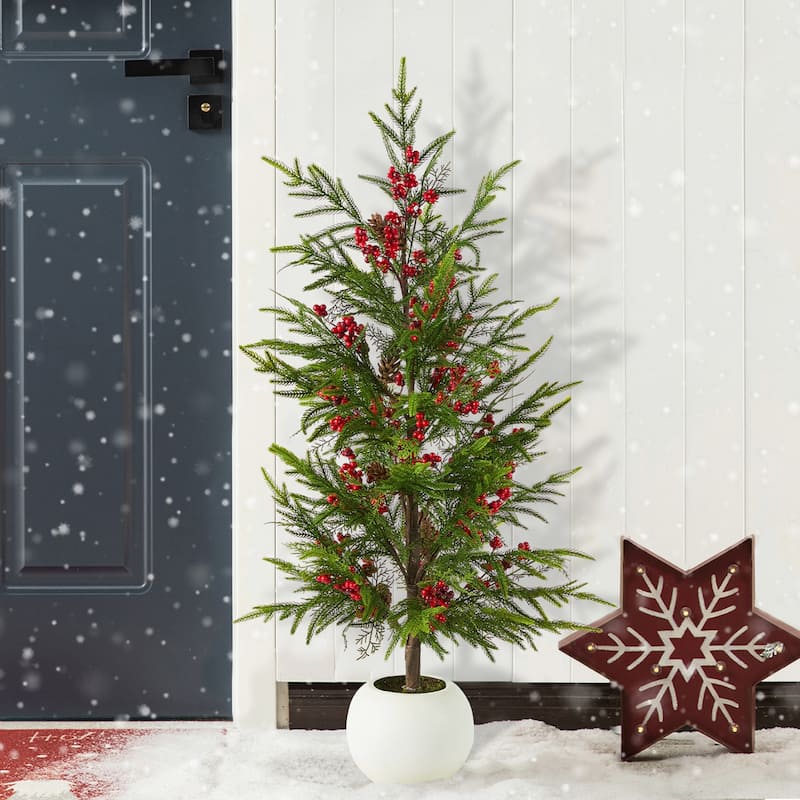 Glitzhome 37.5" H Artificial Greenery Potted Christmas Tree with Pinecones and Red Berries-Come With Free Santa Ornament