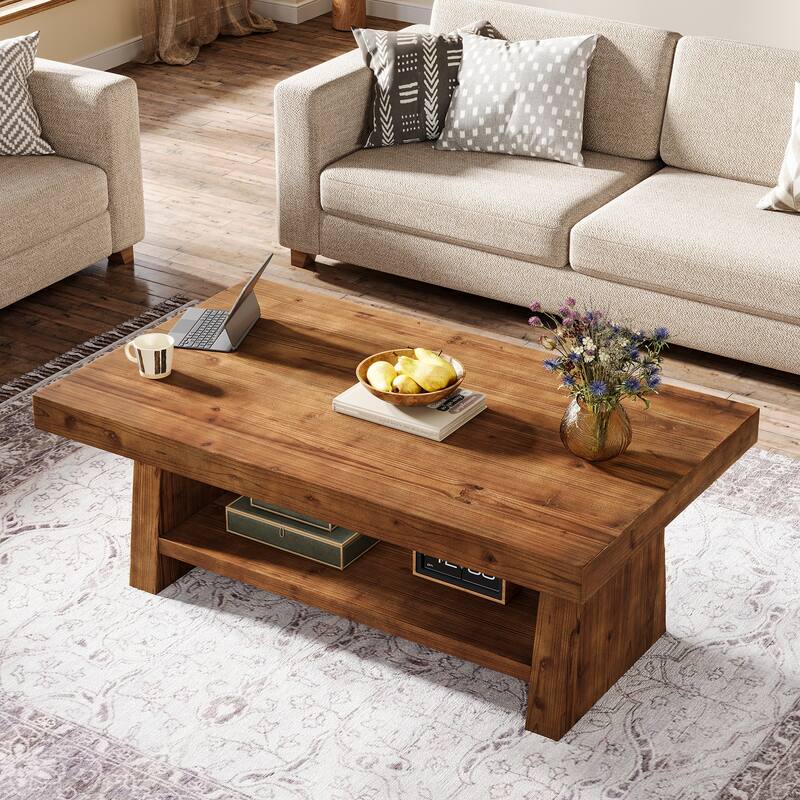 2-Tier Solid Wood Coffee Table for Living Room, Farmhouse Style