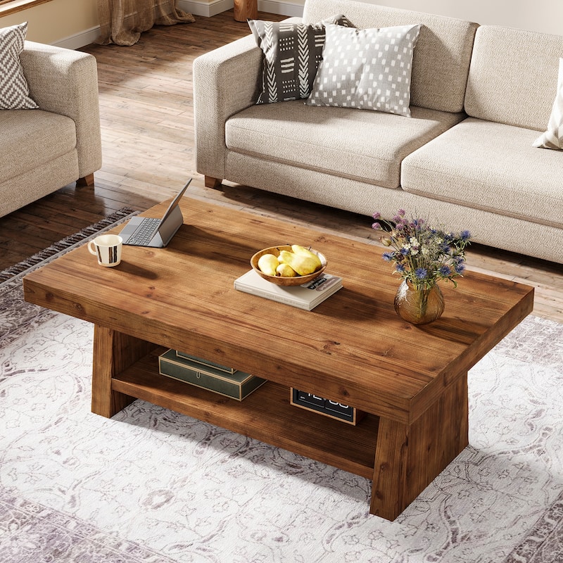 Solid Wood Coffee Table with Storage Shelves, 2 Tier Center Table for Living Room, Farmhouse Style