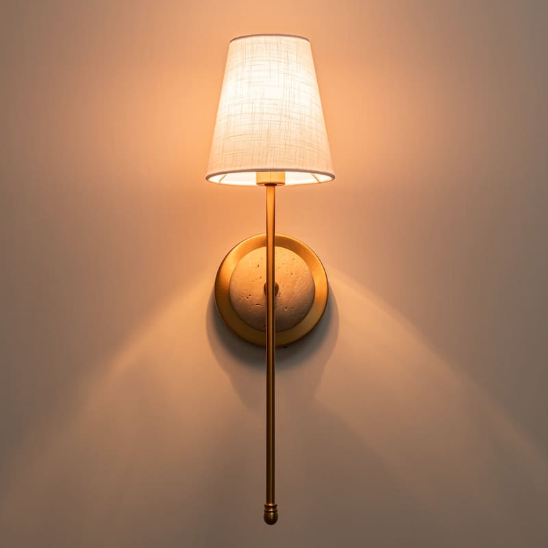 1-Light Gold Wall Sconce with White Fabric Shade - H20" x W5.1" x D7.9"