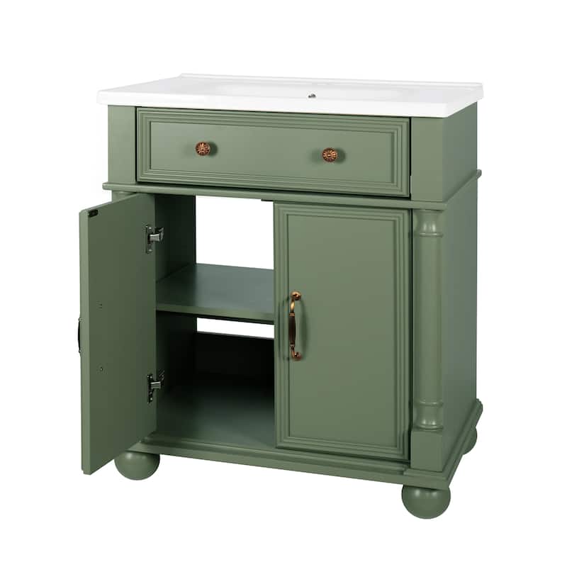28"/36" Bathroom Vanity with Sink, Integrated Ceramic Basin Vanity Cabinet with Roman Column Base, Solid Wood Frame