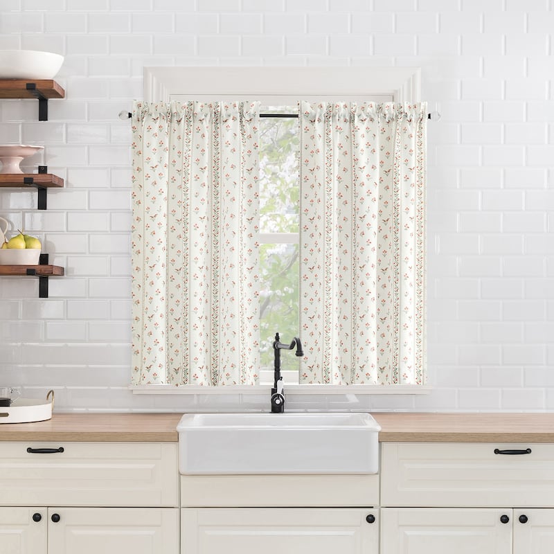 No. 918 Riverwood 2-piece Floral Stripe Semi-Sheer Rod Pocket Kitchen Curtain Tier Pair