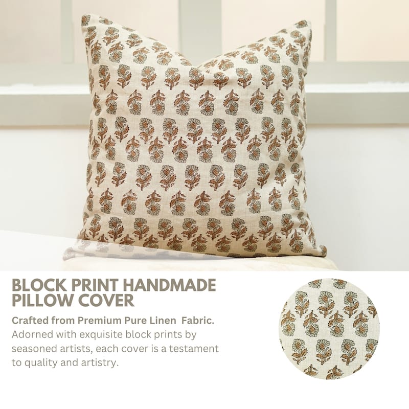 Fabdivine Soft Gray Pure Linen 14x20 Inch Sustainable Block Print Cushion Cover for Sofa, Chair or Fall Home Accent, Ashok