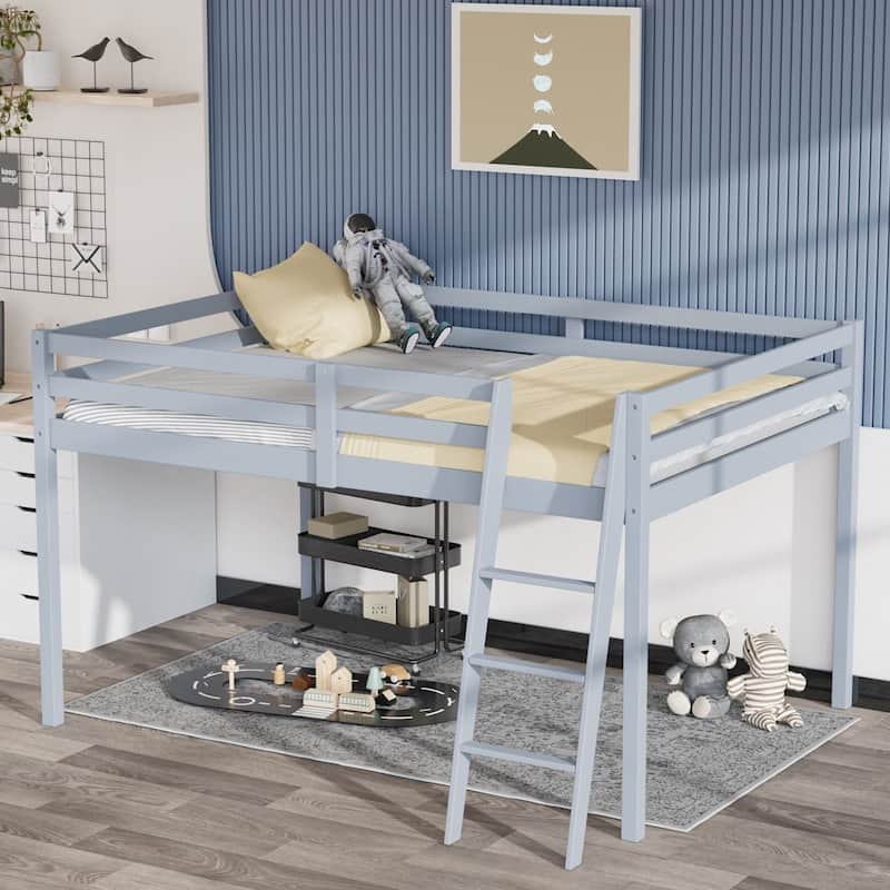 Espresso Wood Junior Loft Bed with Stairs for Adults, Kids and Young Teens - Grey - Full