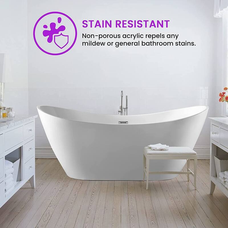 Vanity Art 71-Inch Freestanding Acrylic Bathtub Stand Alone Soaking Tub with Polished Chrome Slotted Overflow & Pop-up Drain