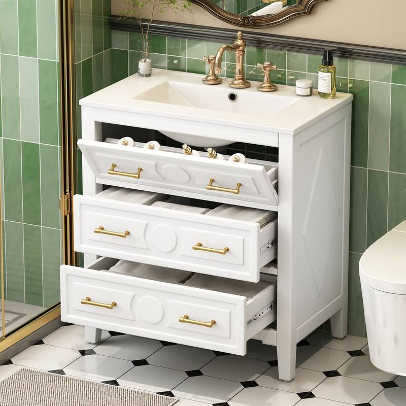 30-Inch Retro Green Bathroom Vanity with Ceramic Sink, Solid Wood Frame, and Soft-Close Drawers