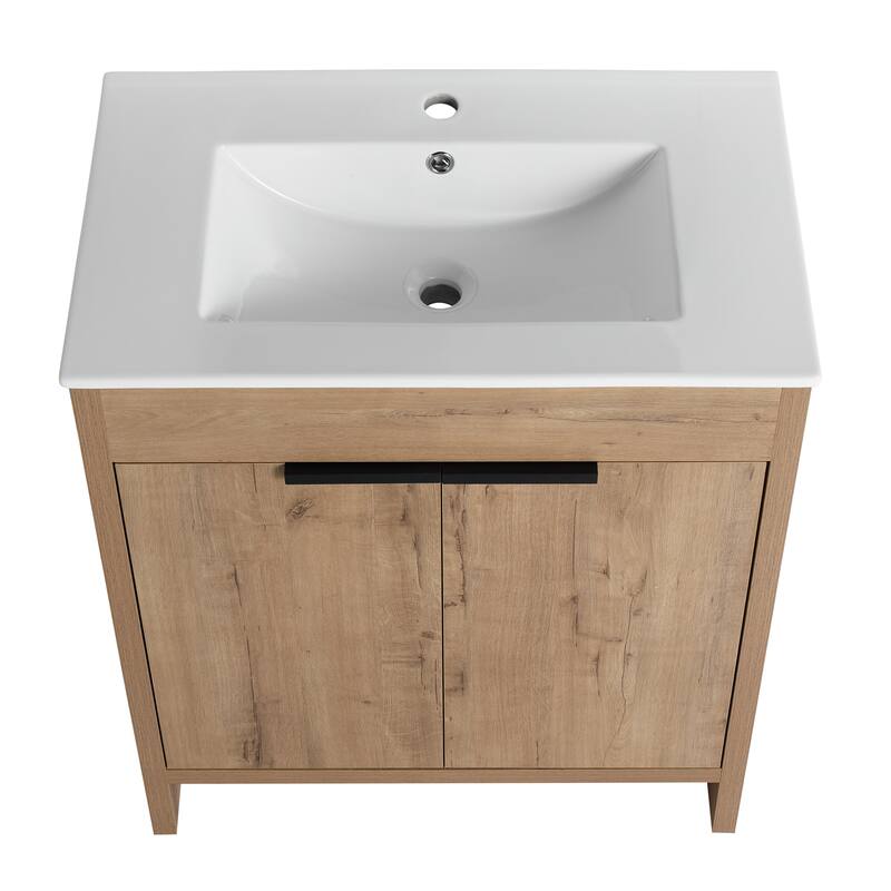 Freestanding Bathroom Vanity with Ceramic Sink, Adjustable Shelf, Metal Handles, Soft Closing Hinges - 30in L Plywood