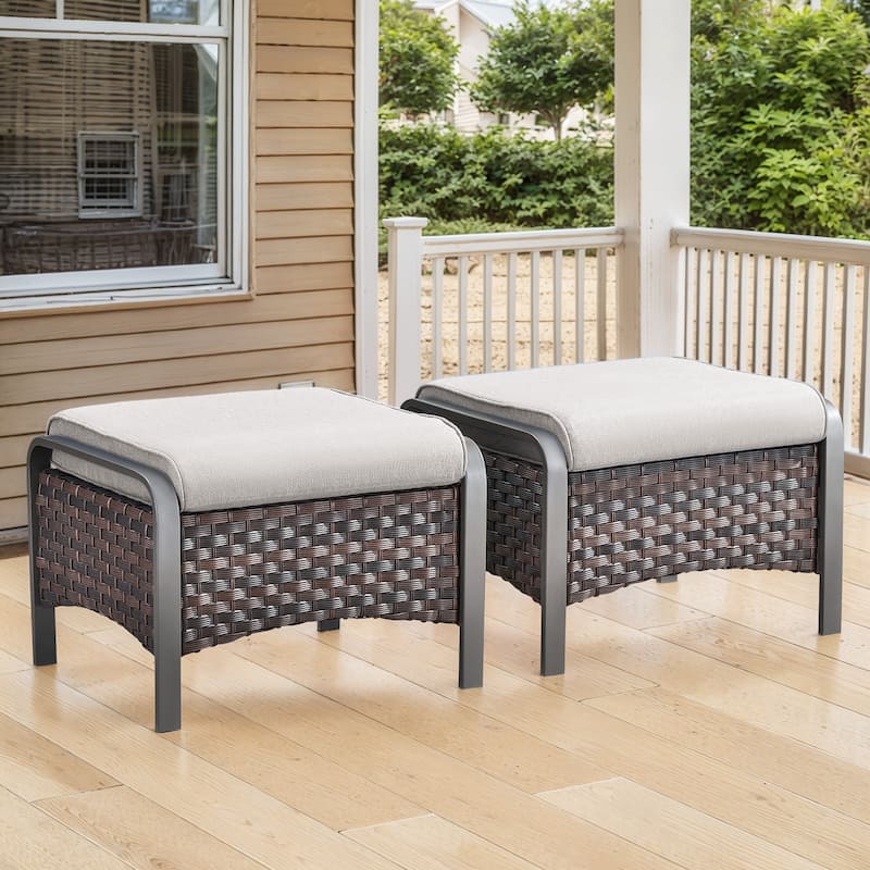 Outdoor Footstool with Removable Olefin Cushions - Beige Cushion - Brown - Beige - Brown