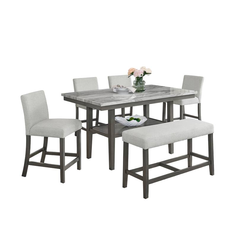 Selena 6-Piece 60" Rectangular Gray Faux Marble Counter Height Dining Set w/Storage Shelf, Light Gray Upholstered Chairs & Bench