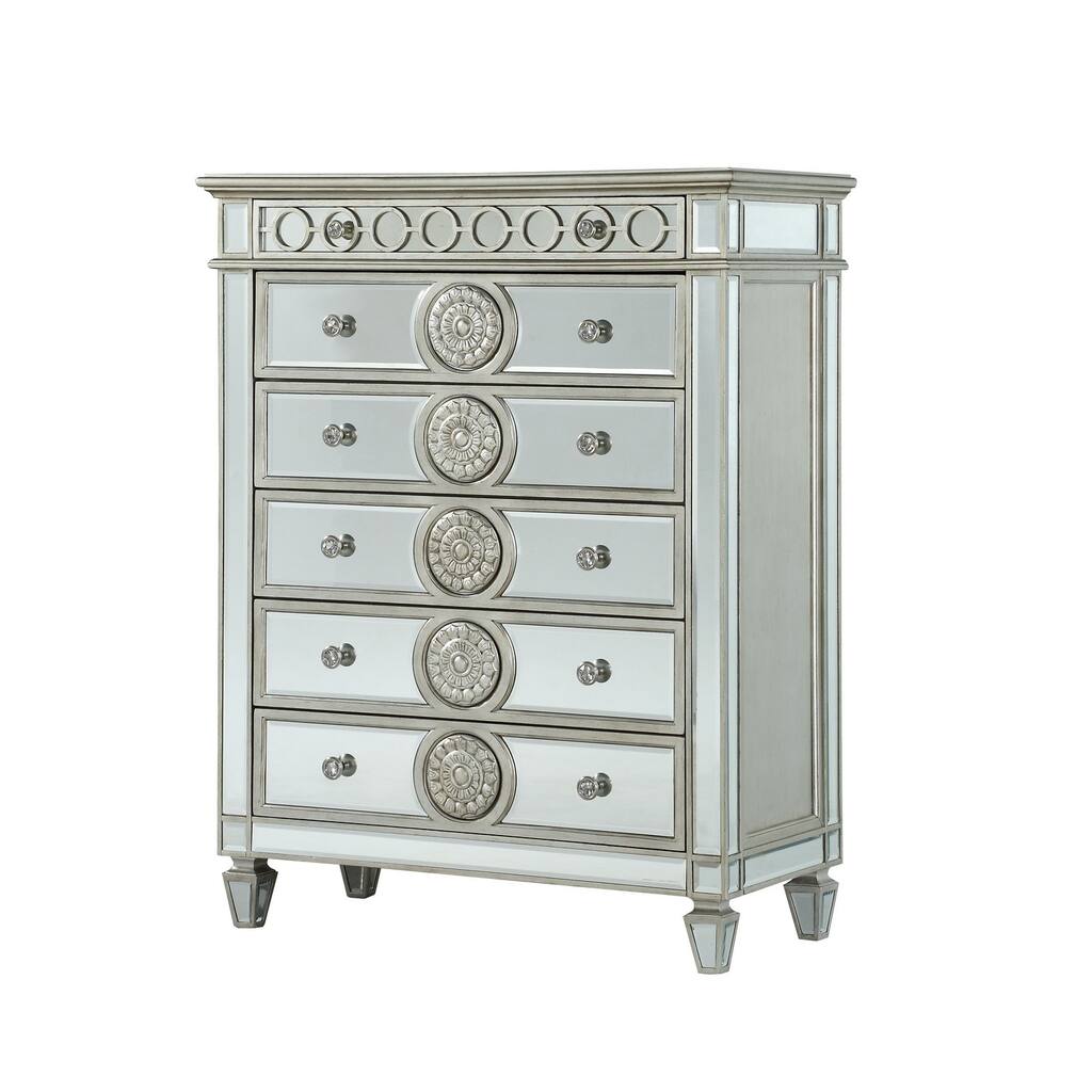 Mirror Accented Chest with 6 Sunburst Motif Storage Drawers, Silver