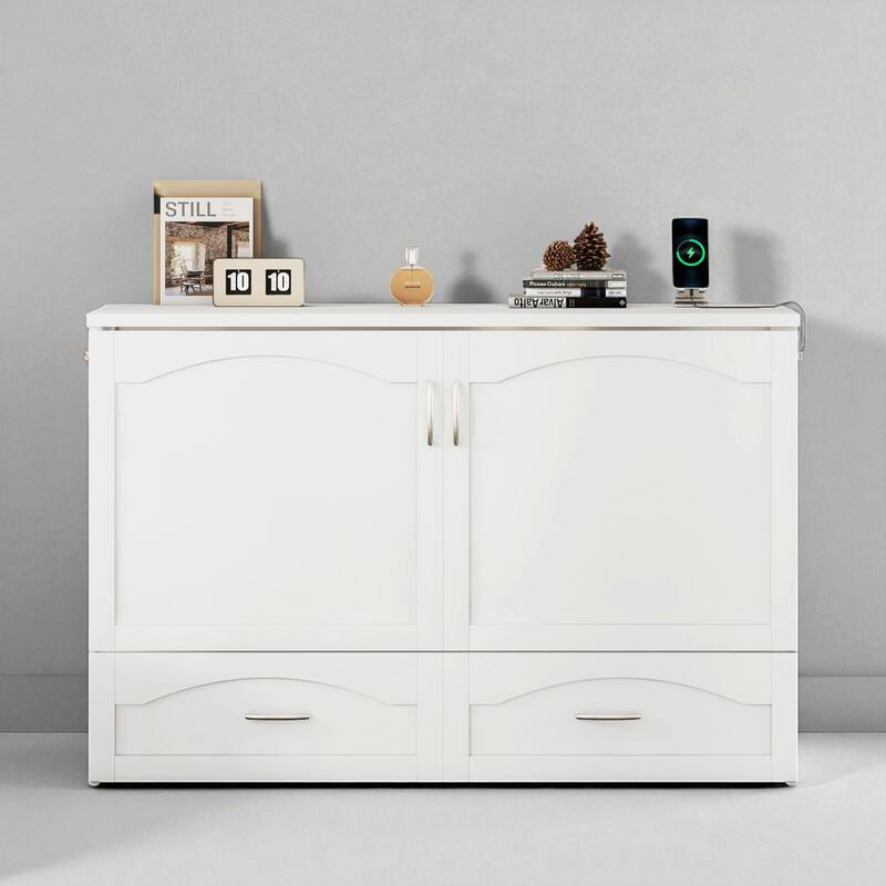 Full/Queen Size Murphy Wall Bed with USB Ports, Power Outlets, Drawers, Pulley System and Foldable Cabinet Design - White - Queen