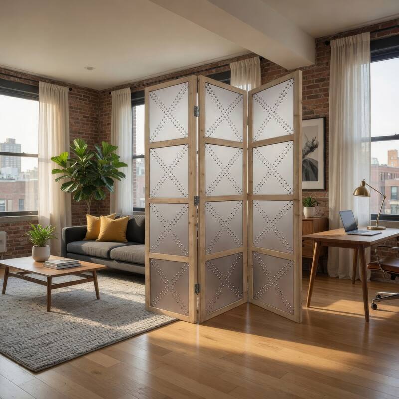 Contemporary 3 Panel Screen with Wood Frame & Nailhead Trim Design, Gray