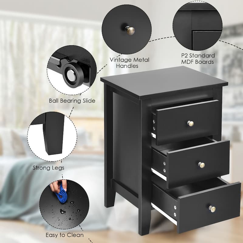 Costway 1PC/2PCS Nightstand End Beside Sofa Table w/ 3 Drawers Bedroom