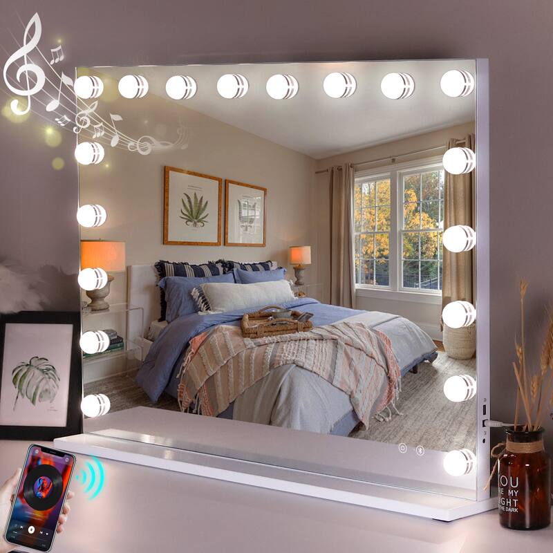Large Hollywood Mirror with Bluetooth Speaker & Touch Screen - White+Silver