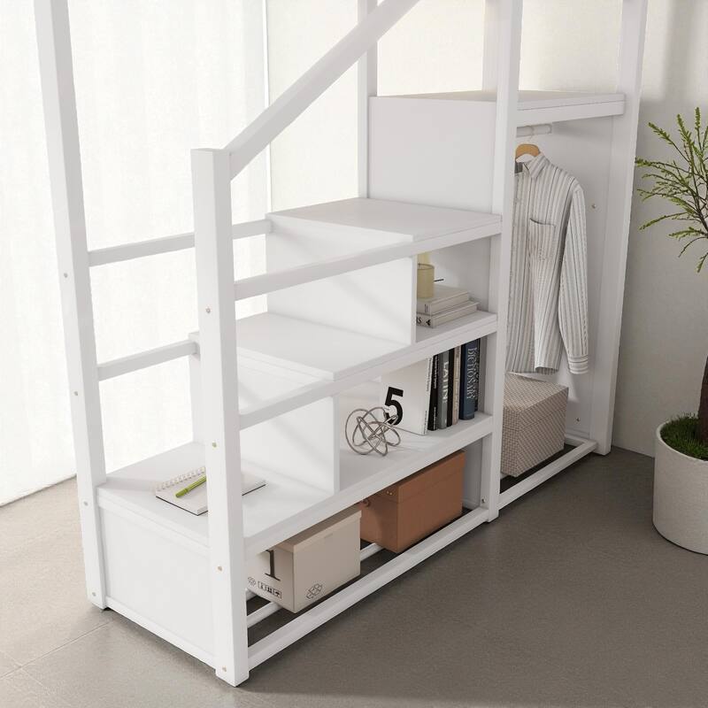 Full/Queen Size Metal Loft Bed with Desk, RGB Light, Charging Station, Shelves and Wardrobe, Stair Loft Bed for Teens