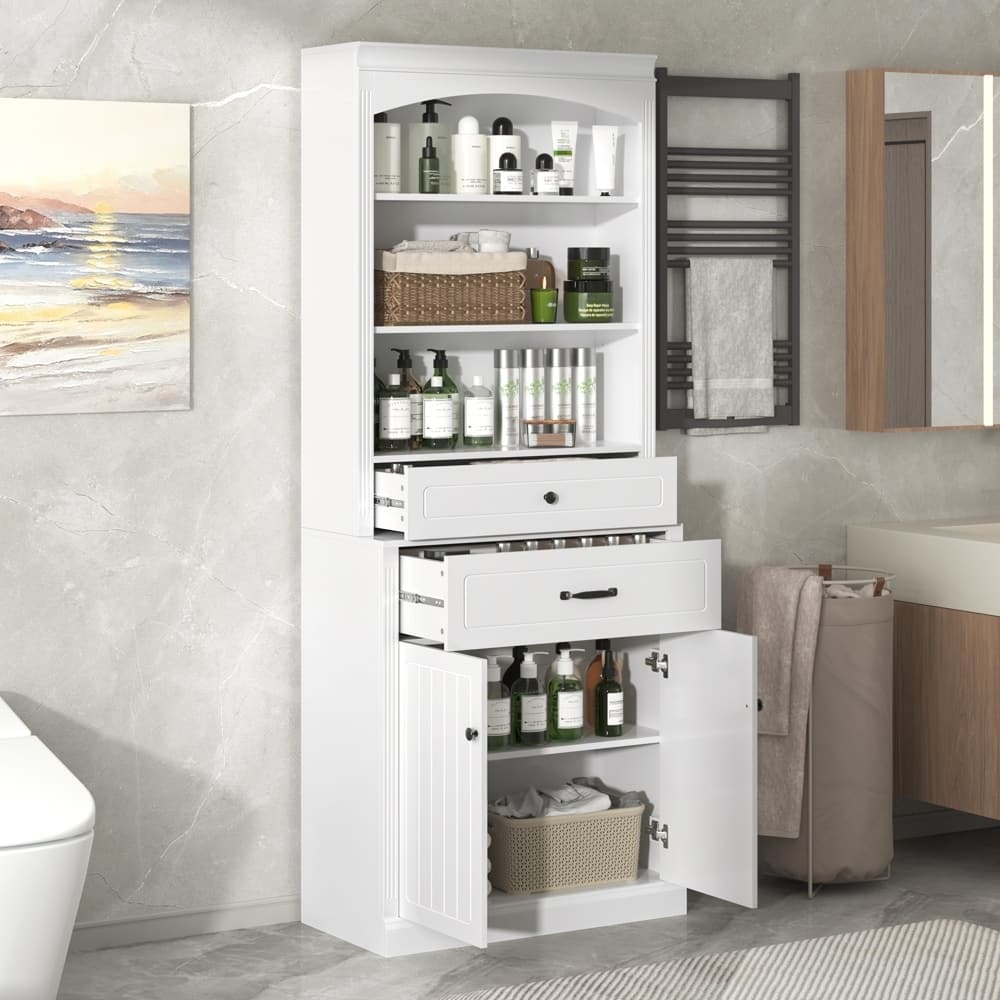 White Bath Cabinet, 2 Doors 3/6 Shelves, Engineered Wood, Bath Laundry