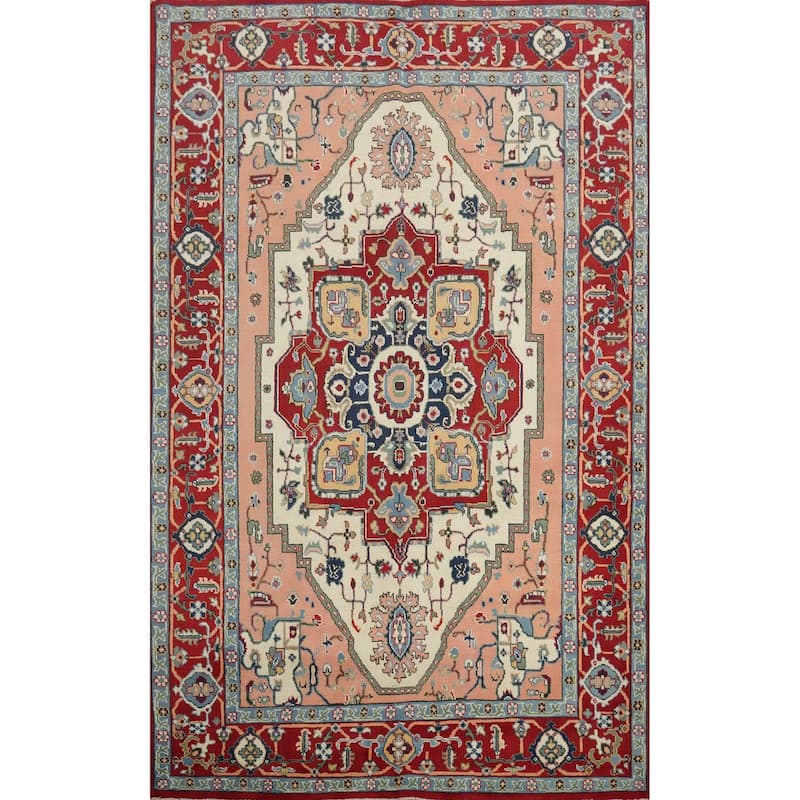 Hand Knotted Oriental 100% Wool Carpet Traditional Medallion Red Heriz (serapi) Area Rug - 8' 8'' X 6' 1''