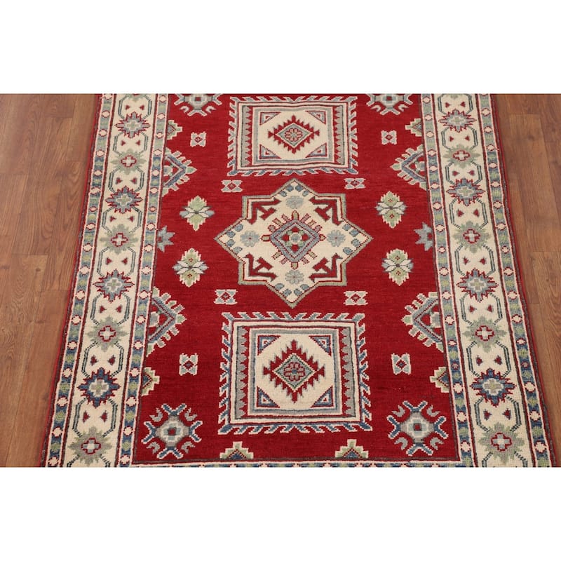 Red Geometric Kazak Foyer Rug Handmade Oriental Wool Carpet - 3'6" x 5'1"
