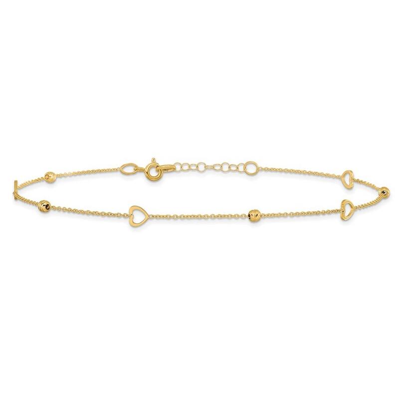 Curata Women's Italian 14k Yellow Gold Polished and Diamond-Cut Heart Anklet - 10 Inch