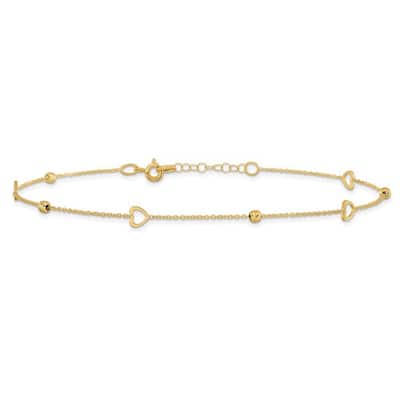 Curata Women's Italian 14k Yellow Gold Polished and Diamond-Cut Heart Anklet - 10 Inch