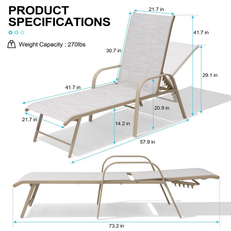 Crestlive Products Outdoor Aluminum Chaise Lounge Chair with Adjustable Backrest