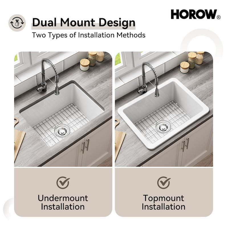 HOROW Undermount Fireclay 24 in. Single Bowl Kitchen Sink with Bottom Grid and Strainer in White