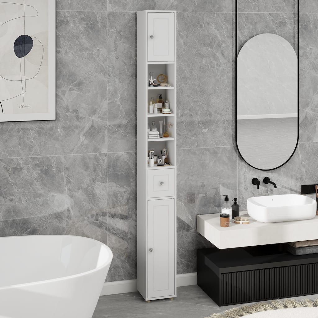Tall Slim Bathroom Storage Cabinet, 71" Freestanding Bathroom Cabinet with 1 Drawer, 2 Doors and 4 Adjustable Shelves-White