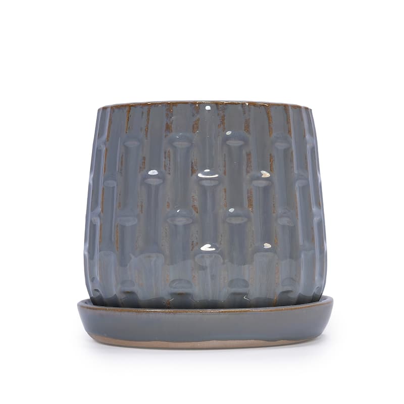 Set of 2 Handmade Ceramic Planters, Includes Saucers, Vertical Ribbed