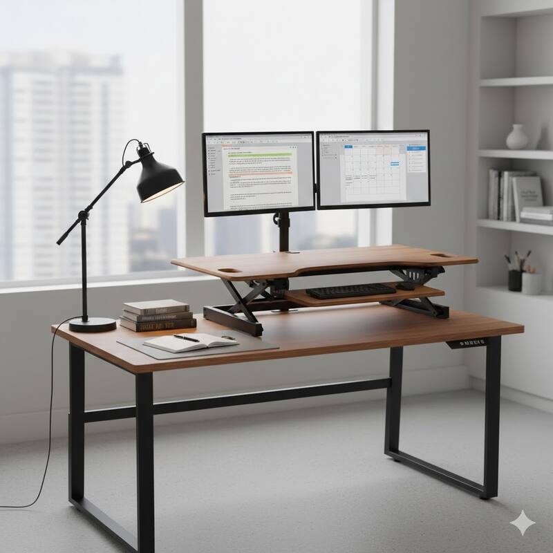 Rocelco 46 in.W Beige Height Adjustable Standing Desk Dual Monitor Riser Gas Spring Assist Computer Workstation Keyboard Tray