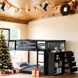 Full over Full Bunk Bed with 4 Drawers and 3 Shelves-Espresso