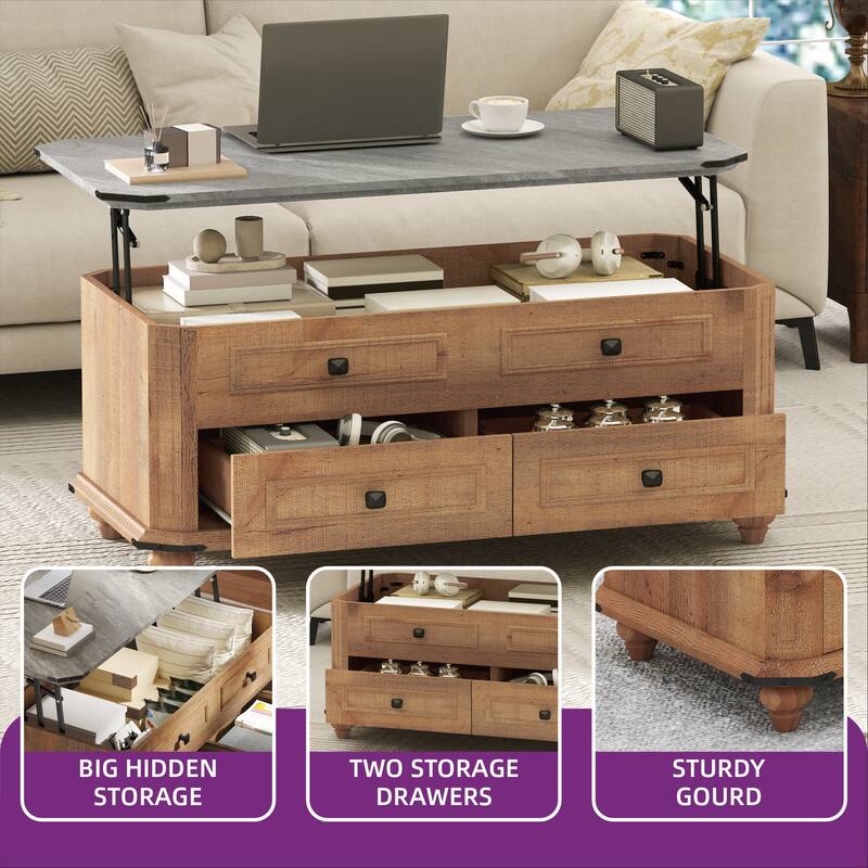 Moasis Farmhouse 36" Lift-top Rectangular Antique Coffee Table with 2 Drawers Hidden Storage