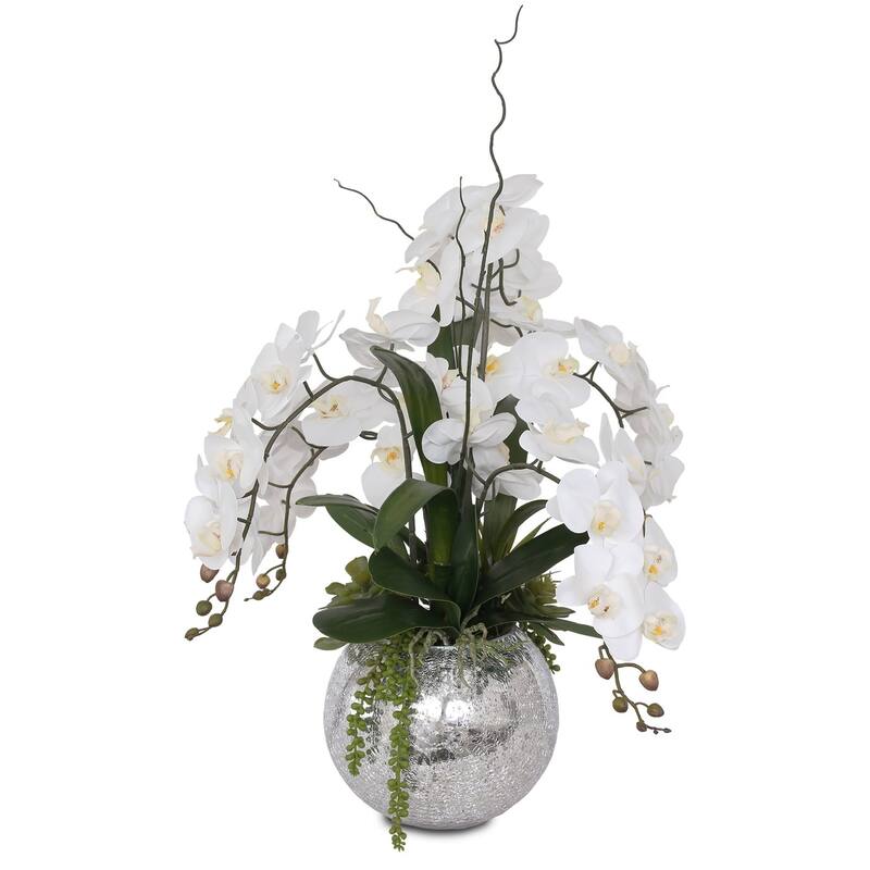 Real Touch White Orchid in Silver Glass Ball - 20 W x 20 D x 27 H