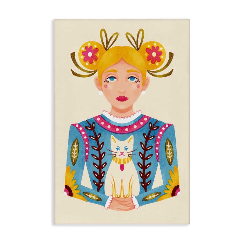 Stupell Blonde Folk Girl with Cat Canvas Wall Art Design By Hannah Moren - 24 x 36