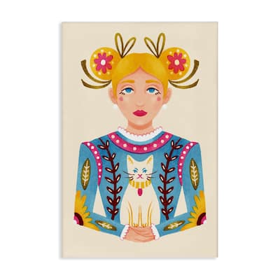 Stupell Blonde Folk Girl with Cat Canvas Wall Art Design By Hannah Moren