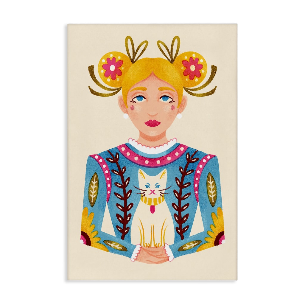 Stupell Blonde Folk Girl with Cat Canvas Wall Art Design By Hannah Moren
