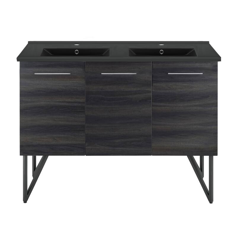 Annecy 48 In. Black Walnut, Double Basin Bathroom Vanity With Black Ceramic Sink Top