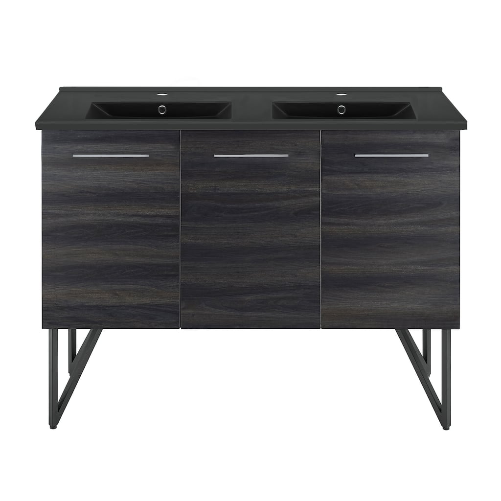 Annecy 48 In. Black Walnut, Double Basin Bathroom Vanity With Black Ceramic Sink Top