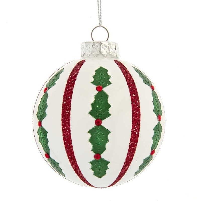 Kurt Adler 80MM Red and White Holly Leaf Glass Ball Ornaments, 6-Piece Set