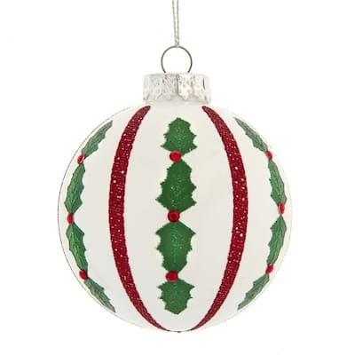 Kurt Adler 80MM Red and White Holly Leaf Glass Ball Ornaments, 6-Piece Set