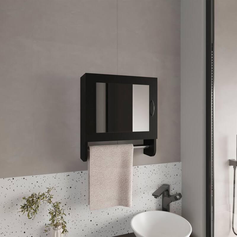 Medicine Cabinet with Mirror, 1 Door and 2 Shelves, Wall-Mounted, Small Bathroom Storage Solution - 17.7X5.7 in - Black + Engineered Wood
