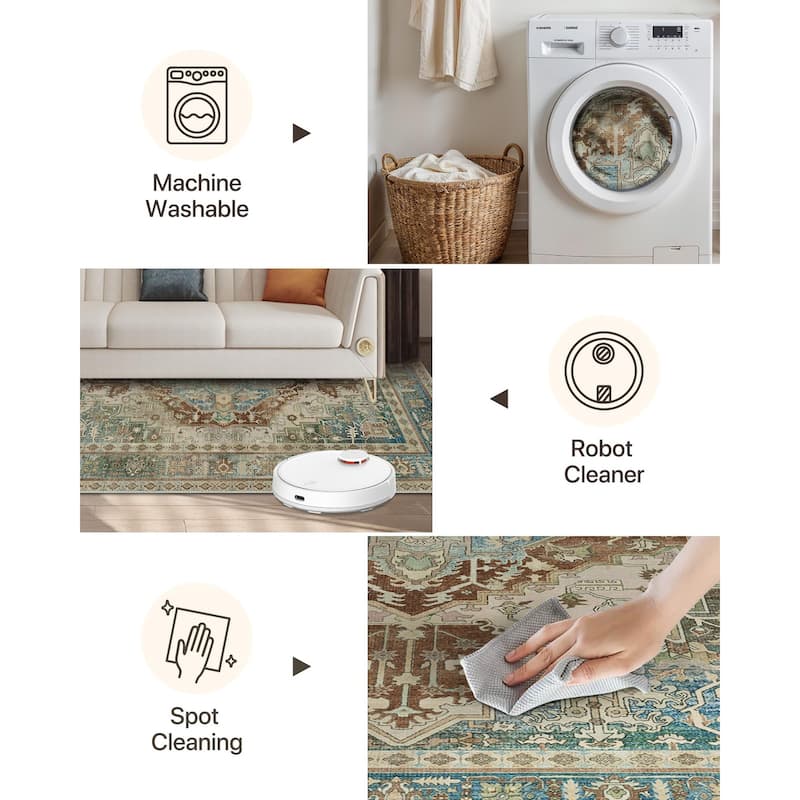 Mcow Vintage Medallion Low-Pile Machine-Washable Area Rug