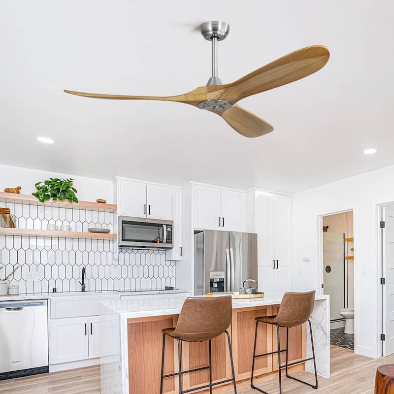 60" Outdoor Ceiling Fan Without Light, 3 Solid Wood Blade with DC Motor Remote Control - Brushed Nickel