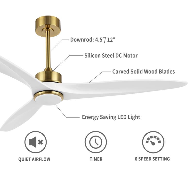 60" Solid Wood 3-Blade LED Ceiling Fan with Light Kit and Remote Control