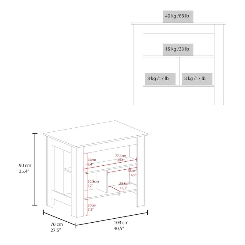 Modern Mahogany and White Kitchen Island, 3 Open Shelves for Easy Access and Storage