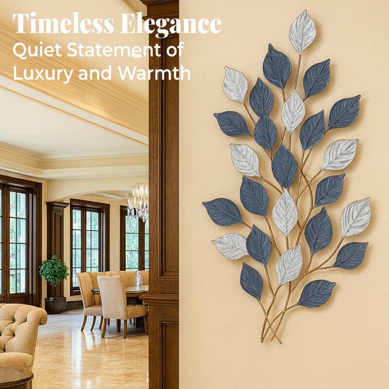 Green White Vertical 3D Leaf Metal Wall Art 36x19 Textured Iron Decor